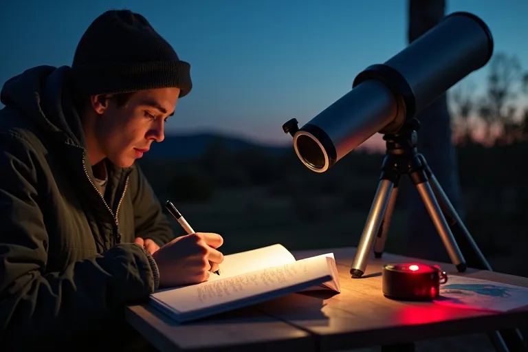 Observationsjournaler för nybörjare – det som faktiskt hjälper 2 Handskrivna observationsanteckningar bredvid stjärnkarta och röd ficklampa