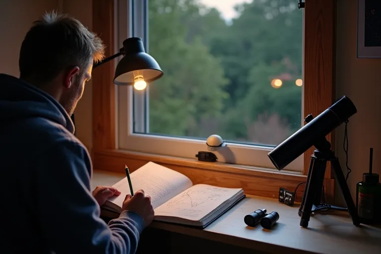 Observationsjournaler för stjärnskådning hemma och ute 2 Öppen anteckningsbok med stjärnnoteringar, penna och kikare vid kvällsljus