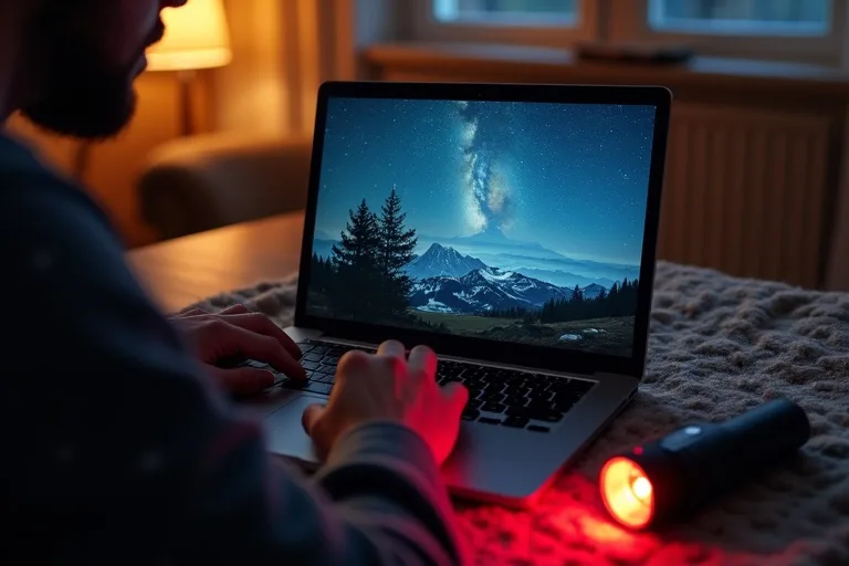 Förberedelser inför observation med anteckningar, stjärnkarta och teleskoptillbehör
