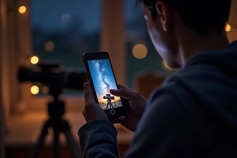 Astronomiappar som gör stjärnskådning enklare hemma och ute 2 Mobilskärm med astronomiappprofil och enkel utrustning för stjärnskådning hemma
