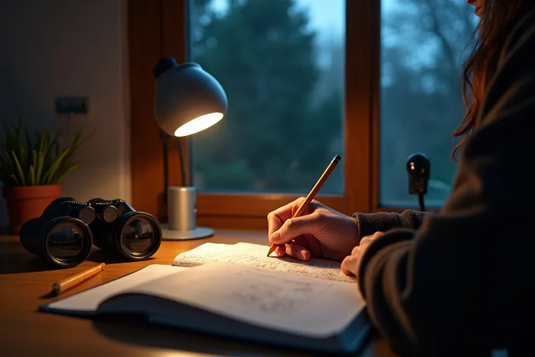 Observationsjournaler för stjärnskådning hemma och ute 3 Observatör skriver i journal vid mörk observationsplats med liten teleskoputrustning i närheten
