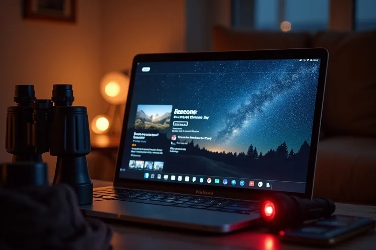 En amatörastronom granskar himlen med kikare och mobil vid en mörk observationsplats