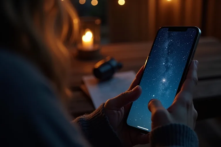 Astronomiapp som visar stjärnhimlen bredvid en enkel kikare
