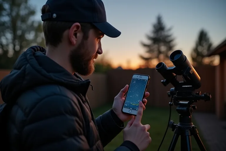 Astronomiappar för nybörjare som faktiskt hjälper i början 3 Person använder mobilapp ute under kvällshimlen med anteckningsblock och enkel ficklampa