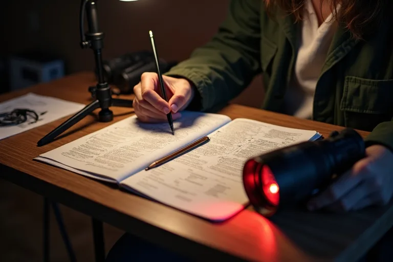 Bästa observationsjournaler för nybörjare som vill komma igång lugnare 4 Mörk observationsjournal med anteckningar, röd ficklampa och enkel stjärnskådningsutrustning