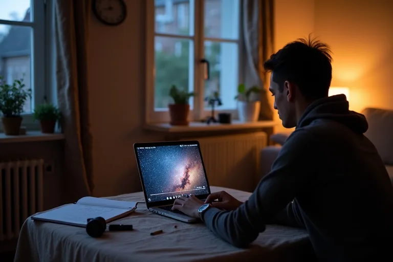 Små teleskopprylar och en stjärnkarta på ett bord i dämpat kvällsljus