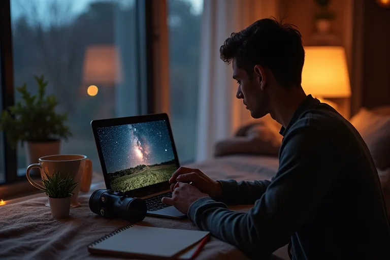 Nybörjare som planerar en observationskväll med laptop, anteckningsbok och enkel teleskopsutrustning
