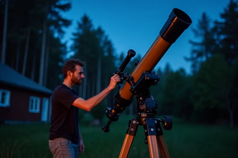 Hur väljer man Dobson-teleskop som nybörjare? 3 Dobson-teleskop med tydlig träbas och tub i kvällsljus