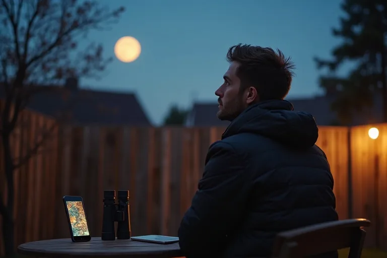 Så hittar du planeterna på kvällshimlen 2 En smartphone med stjärnkarta bredvid kikare på ett bord under kvällshimlen