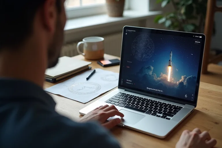 En person läser om ett nytt rymduppdrag på en laptop vid ett skrivbord med anteckningar och ett enkelt stjärnkarta i bakgrunden.