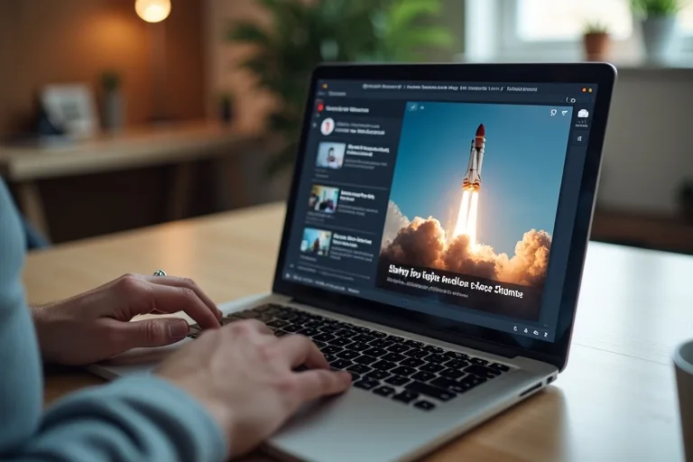 En person läser NASA-nyheter på en laptop medan en raketbild visas på skärmen.
