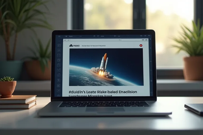 En person läser NASA-nyheter på en laptop vid en lugn arbetsplats med rymdbild i bakgrunden.