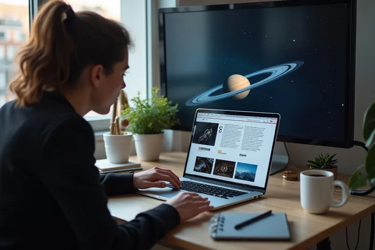 En person läser ESA-nyheter på en laptop vid ett skrivbord med anteckningsbok och kaffe, medan en diskret rymdrelaterad bakgrund syns bakom.