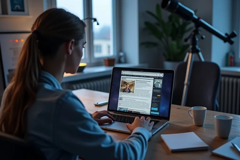En person läser NASA-nyheter på en laptop vid ett skrivbord med anteckningar och ett teleskop i bakgrunden.