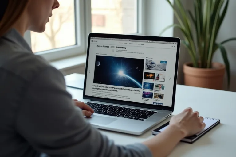 En person läser en ESA-nyhet på en laptop och antecknar medan ett rymduppdrag visas på skärmen.