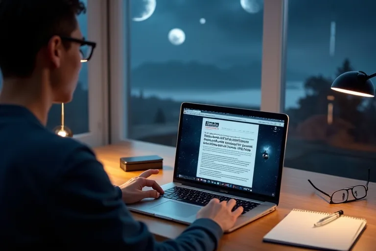 En person läser en NASA-nyhet på en laptop och antecknar vid ett skrivbord i en lugn, enkel miljö.
