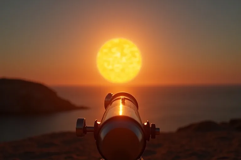 Ett teleskop med solfilter riktas mot solen på en klar himmel för säker observation.