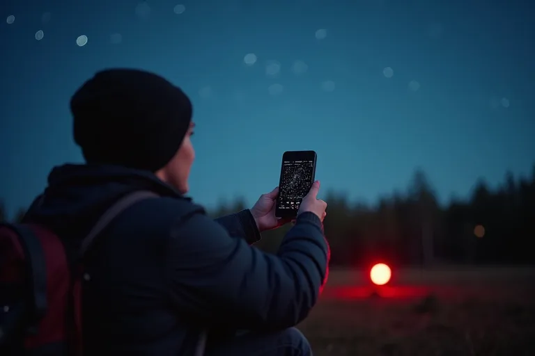 En person håller en vridbar stjärnkarta och en mobil med stjärnkarta medan hen tittar upp mot natthimlen.