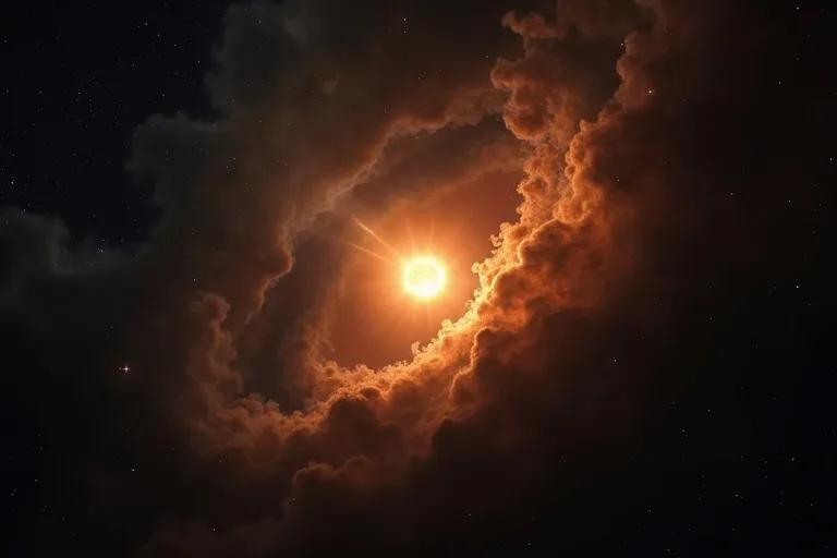 En lysande protostjärna omges av gas och stoft i en nebulosa på mörk himmelsbakgrund.