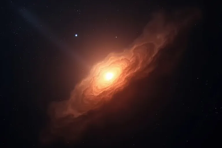 En lysande nebulosa med en ung stjärnbildning i centrum mot en mörk rymdbakgrund.