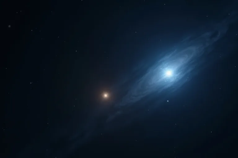 Två olika stjärnor visas mot en mörk rymdbakgrund med ett svagt gasmoln och en supernovarest i bakgrunden.
