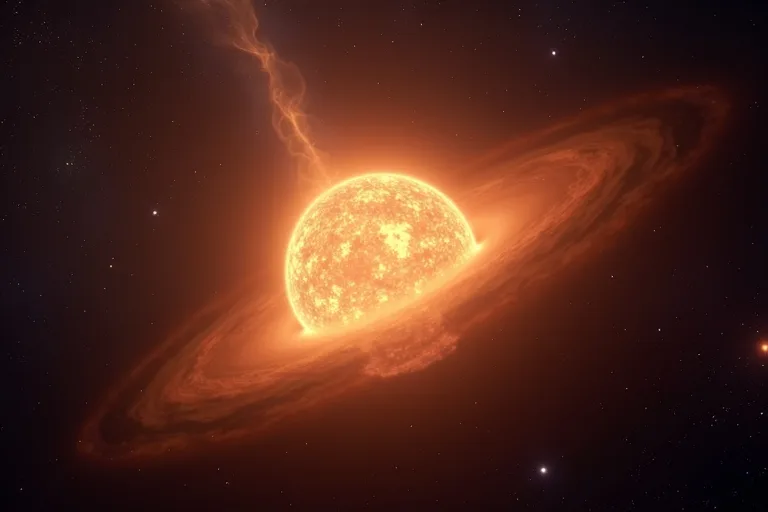 En lysande supernovarest med gas och stoft som breder ut sig i mörk rymd med stjärnor i bakgrunden