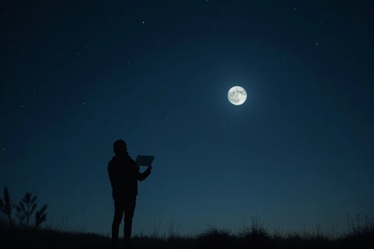 En person står ute i mörkret och tittar upp mot månen och en ljus planet på en klar natthimmel.