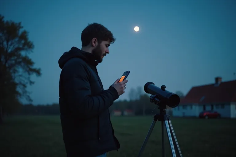 En person står utomhus i skymningen och tittar upp mot himlen med mobilen i handen, med en enkel kikare bredvid sig.