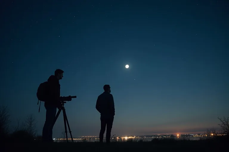 En person står utomhus en klar kväll och tittar upp mot månen och en ljus planet på himlen.