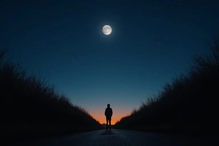 En person står utomhus på kvällstid och tittar upp mot månen och några synliga stjärnor på en mörk himmel.