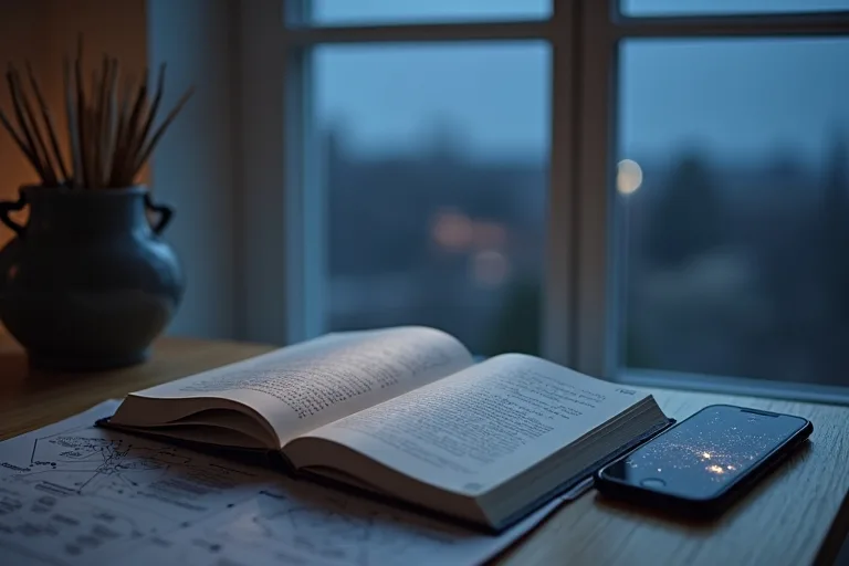 Astronomibok, stjärnkarta och mobil med himmelsapp