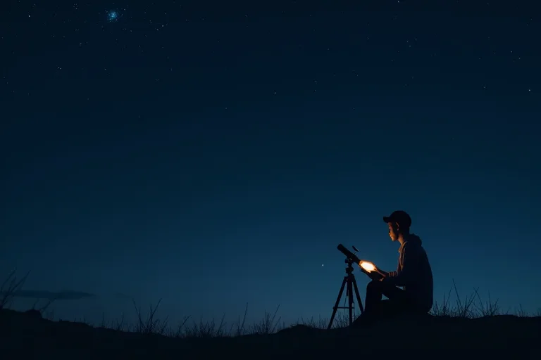 En person står vid ett teleskop och tittar upp mot en stjärnklar himmel med en tydlig ljuspunkt.