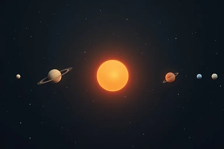 En enkel modell av solsystemet med solen i mitten och planeterna placerade runt omkring på ett pedagogiskt sätt.