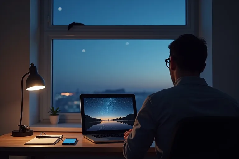 En person tittar på en rymdvideo på en laptop medan en anteckningsbok, mobil och stjärnkarta ligger bredvid.