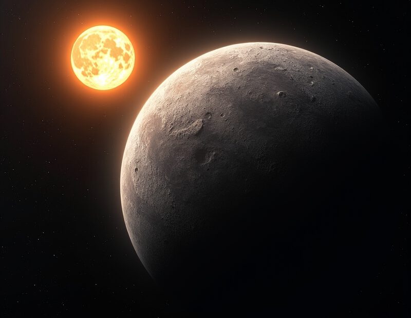 Illustration av Merkurius nära solen i mörk rymdmiljö