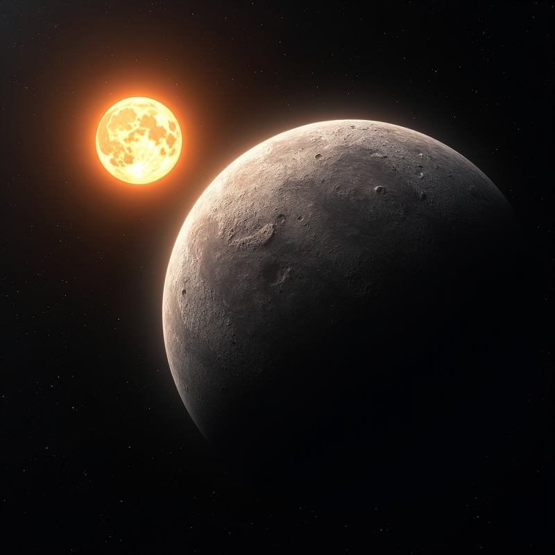 Illustration av Merkurius nära solen i mörk rymdmiljö