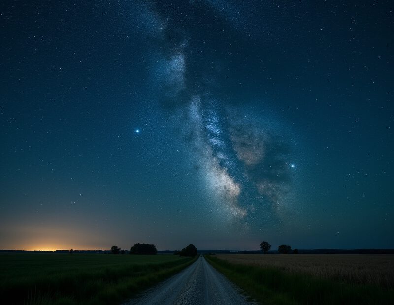 Stjärnklar natthimmel över mörk landsbygd långt från stadsljus