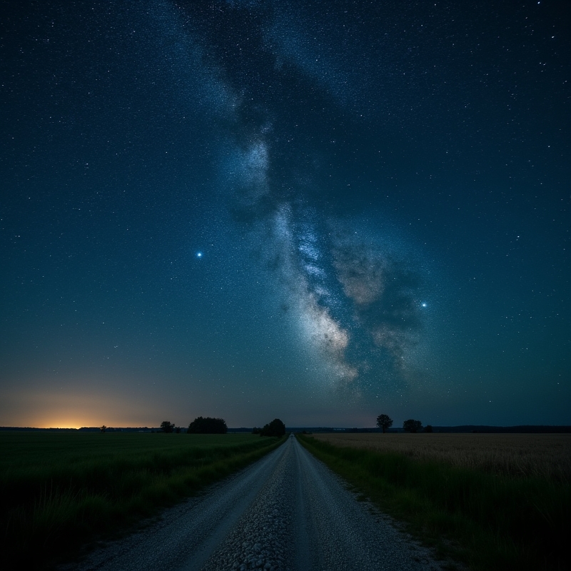 Stjärnklar natthimmel över mörk landsbygd långt från stadsljus