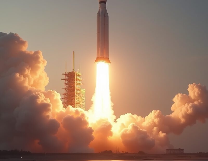 Modern raket lyfter från uppskjutningsramp med eld och rök