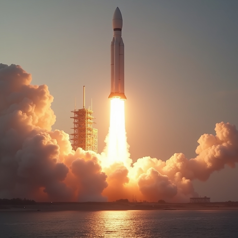 Modern raket lyfter från uppskjutningsramp med eld och rök