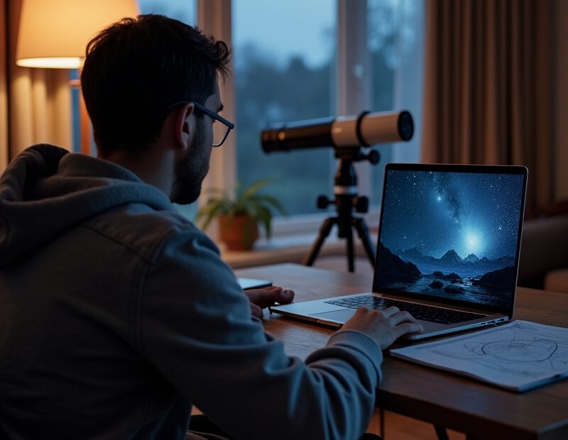 Person tittar på rymdvideo på laptop under stjärnhimmel inomhus