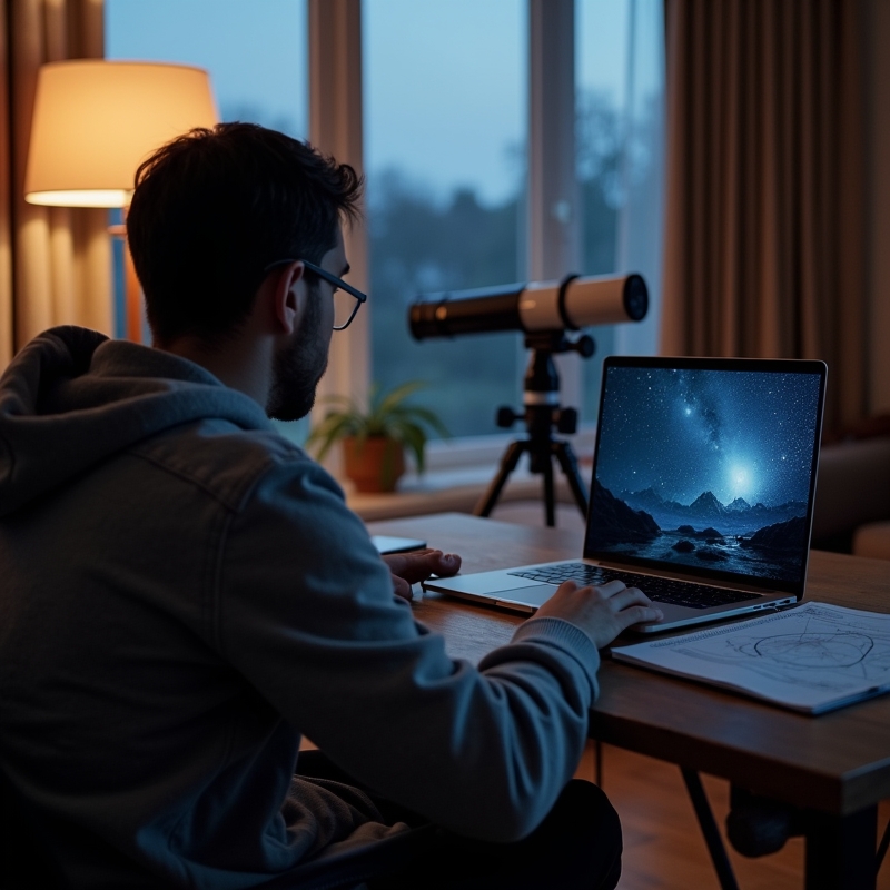 Person tittar på rymdvideo på laptop under stjärnhimmel inomhus