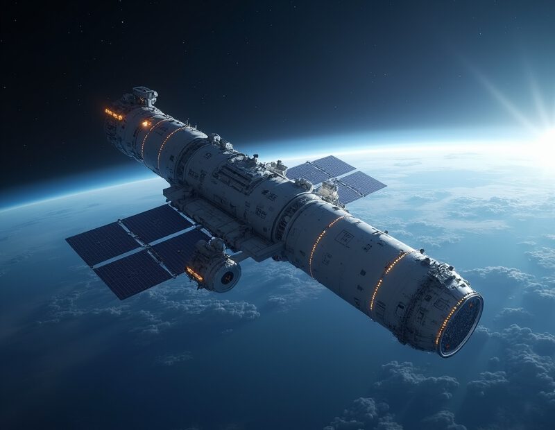 Illustration av europeisk rymdsond ovanför jorden i rymden