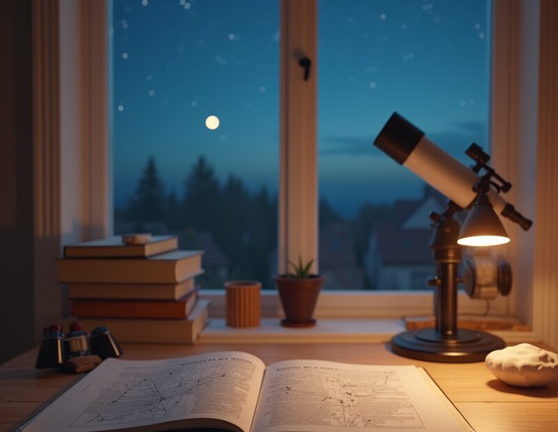 Nybörjare bläddrar i astronomiböcker under stjärnhimlen med kikare bredvid