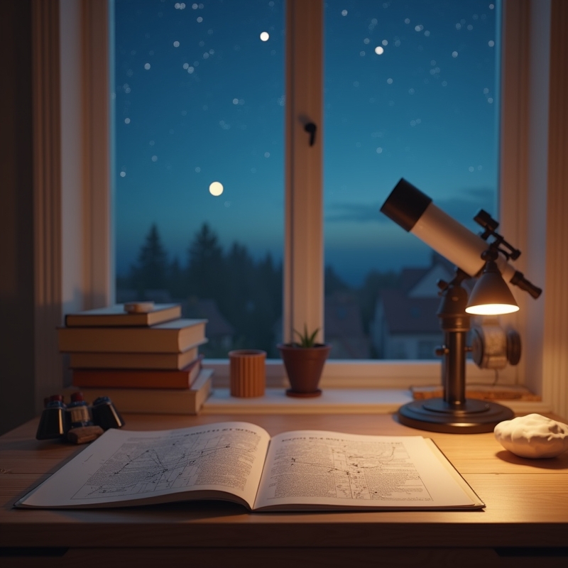 Nybörjare bläddrar i astronomiböcker under stjärnhimlen med kikare bredvid