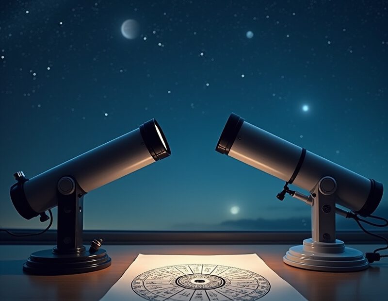 Stjärnhimmel med teleskop och astrologiskt stjärntecken i kontrast