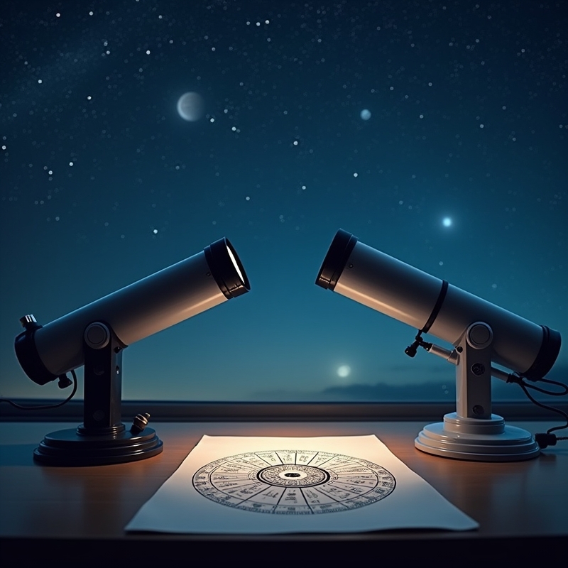 Stjärnhimmel med teleskop och astrologiskt stjärntecken i kontrast