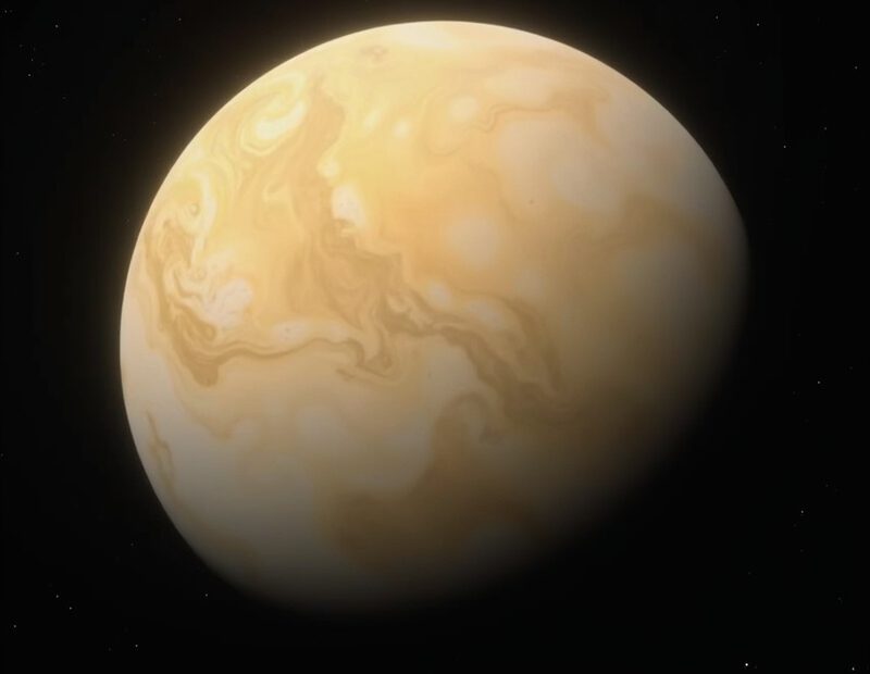 Venus som ljus gulvit planet mot mörk rymdbakgrund