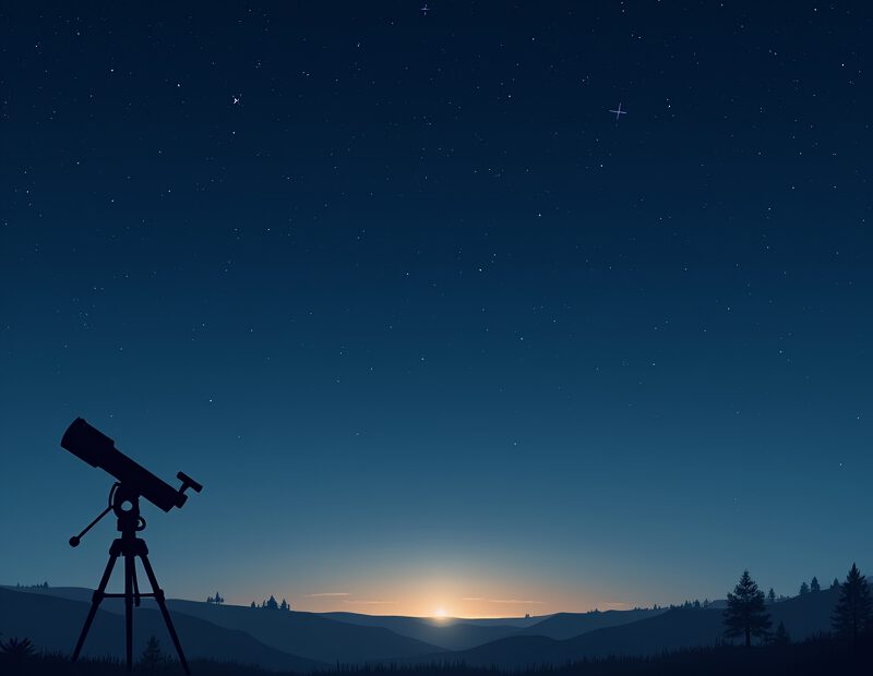 Nattlig stjärnhimmel med tydliga stjärnbilder och teleskop i förgrunden