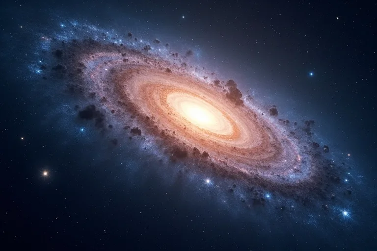 Vanliga missförstånd om galaxer – så fungerar de egentligen 2 Närbild av en spiralgalax med ljusa stjärnområden och mörka stoftband